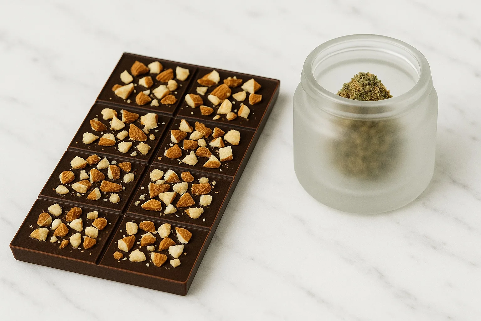 Dark chocolate bar topped with chopped nuts next to a frosted jar containing cannabis